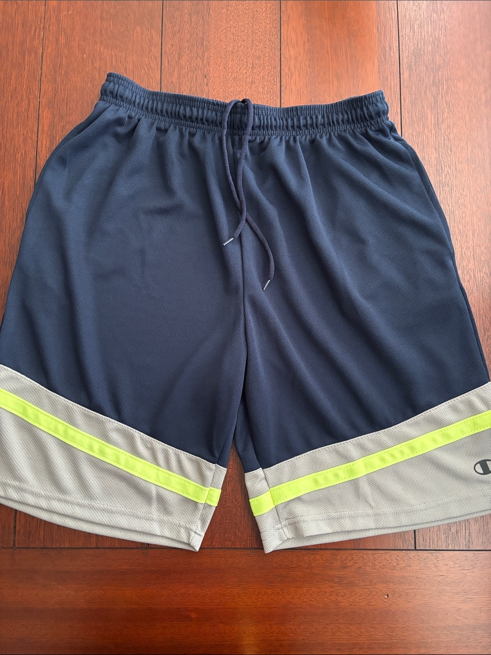 Champion Men's Navy Athletic Shorts with Gray Hem and Neon Accent Size XL